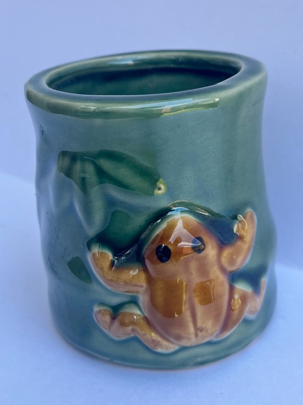 Handmade Green Glazed Majolica  Ceramic Lucky Frog Planter 3”